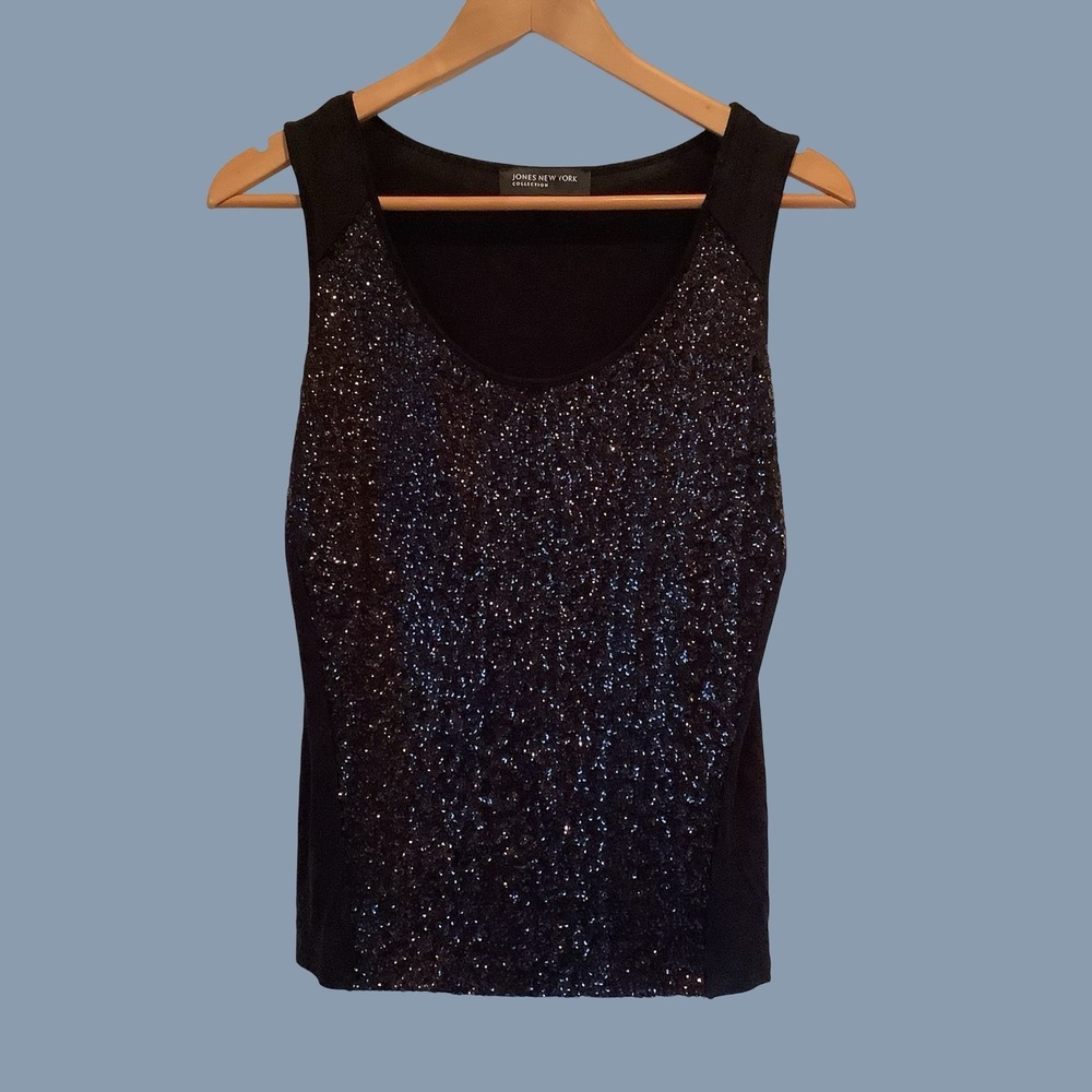 Jones New York Womens Black Sequin Tank Top Club Party Sleeveless Knit Shirt S
